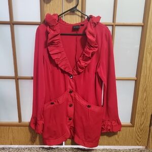 Tribal Red Ruched Ruffled Collar  Sleeve Cuff Womens Light Jacket Blazer Size 10